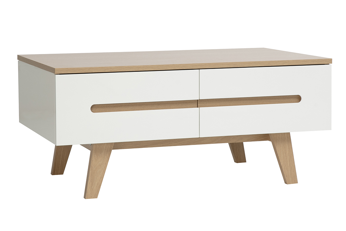 Table basse blanche laqu�e brillante et finition bois clair 4 tiroirs L100 cm MELKA