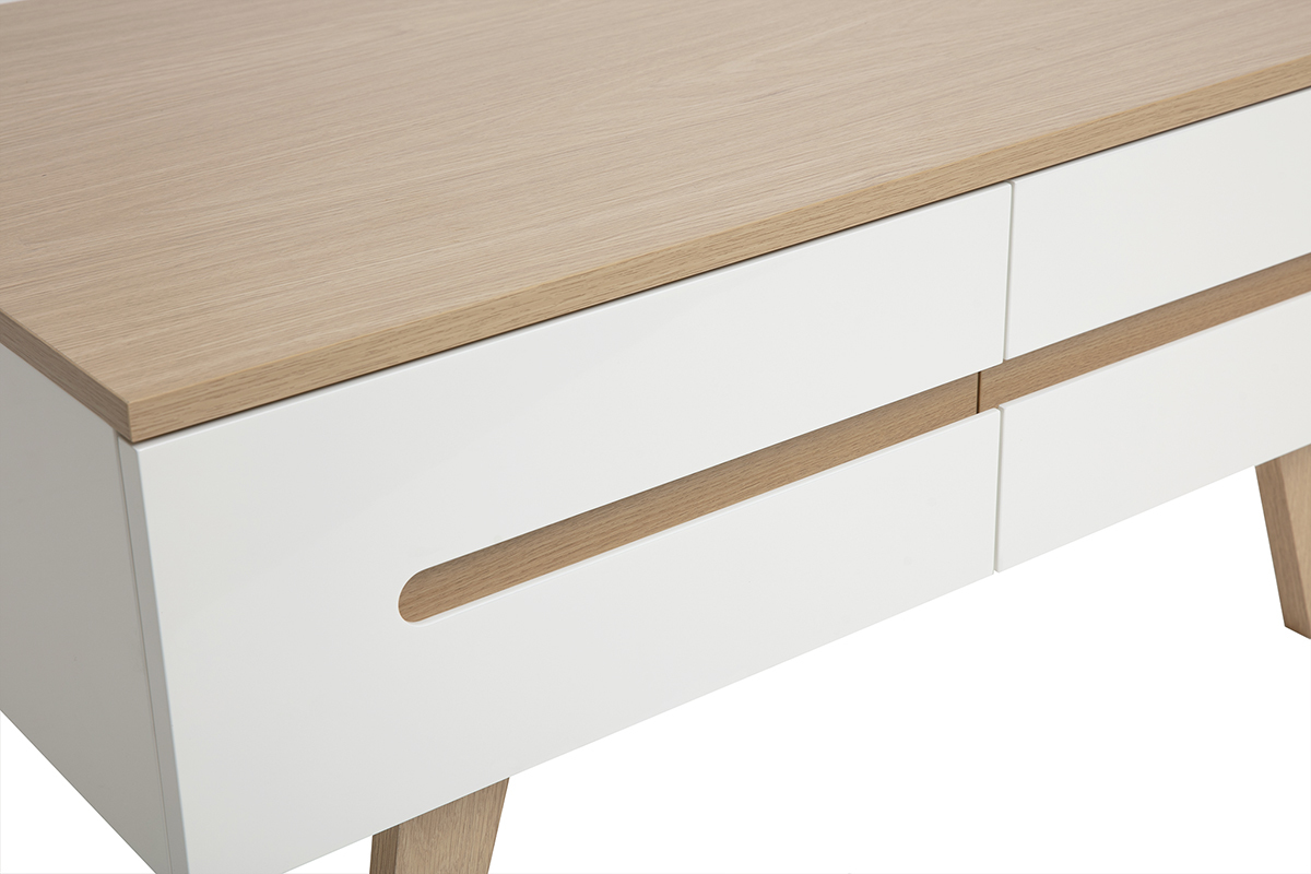 Table basse blanche laqu�e brillante et finition bois clair 4 tiroirs L100 cm MELKA