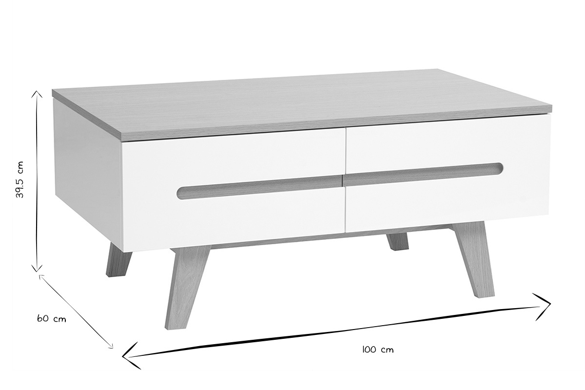 Table basse blanche laqu�e brillante et finition bois clair 4 tiroirs L100 cm MELKA