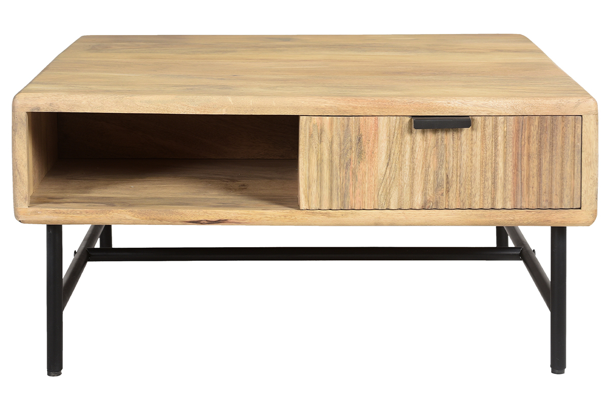 Table basse carre avec rangements 2 tiroirs bois clair manguier massif L80 cm MORISSON