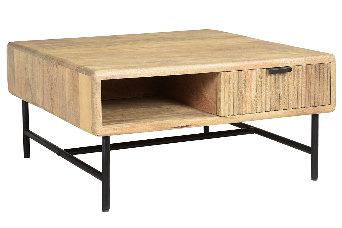 Table basse carre avec rangements 2 tiroirs bois clair manguier massif L80 cm MORISSON