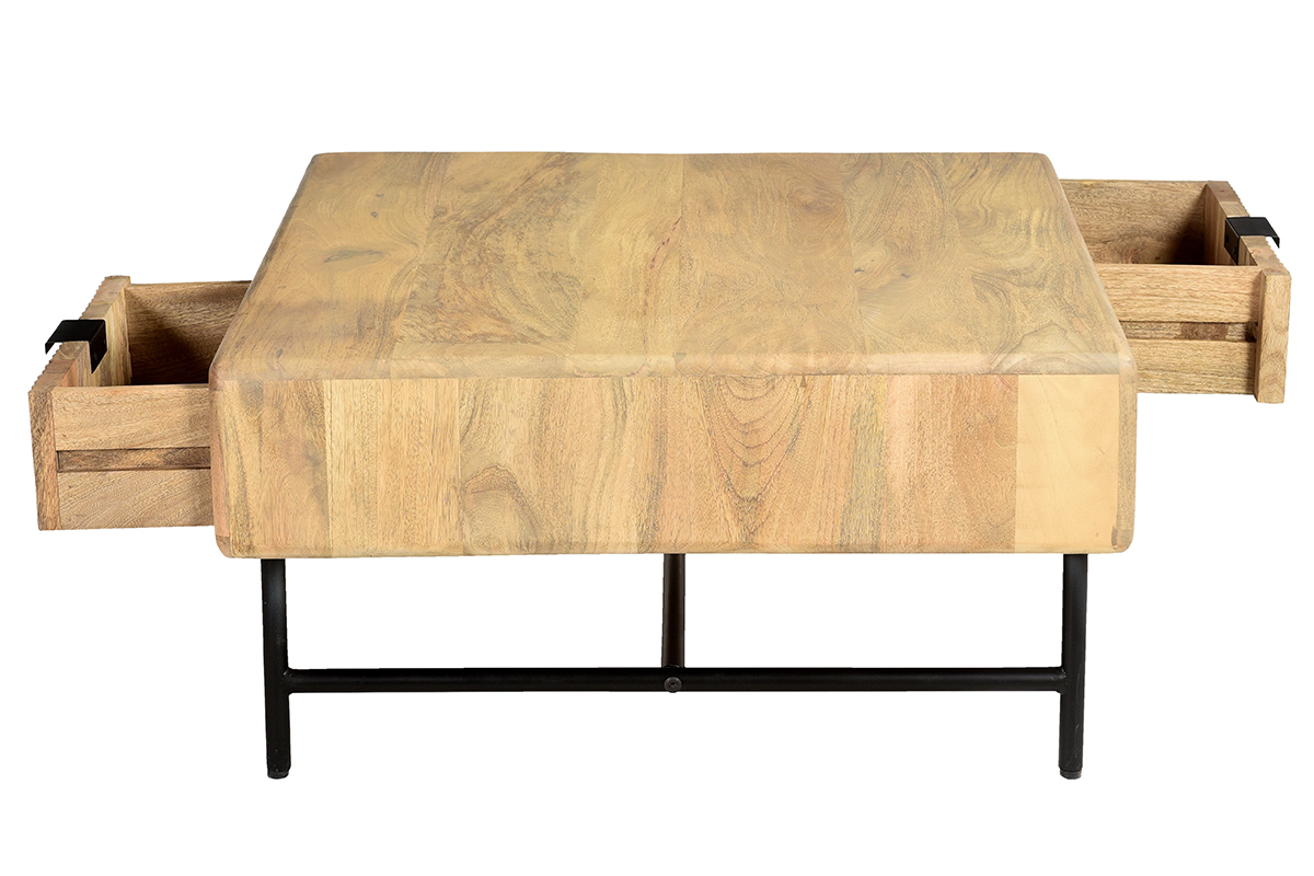 Table basse carre avec rangements 2 tiroirs bois clair manguier massif L80 cm MORISSON