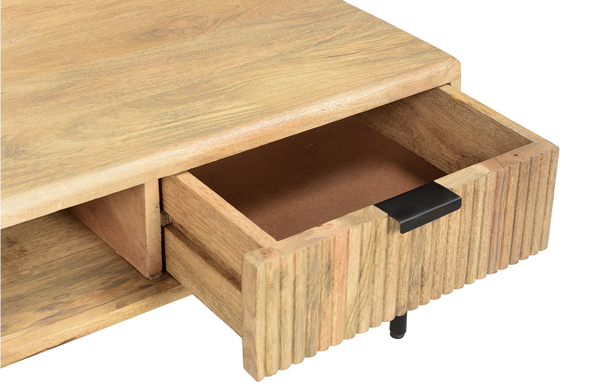 Table basse carre avec rangements 2 tiroirs bois clair manguier massif L80 cm MORISSON