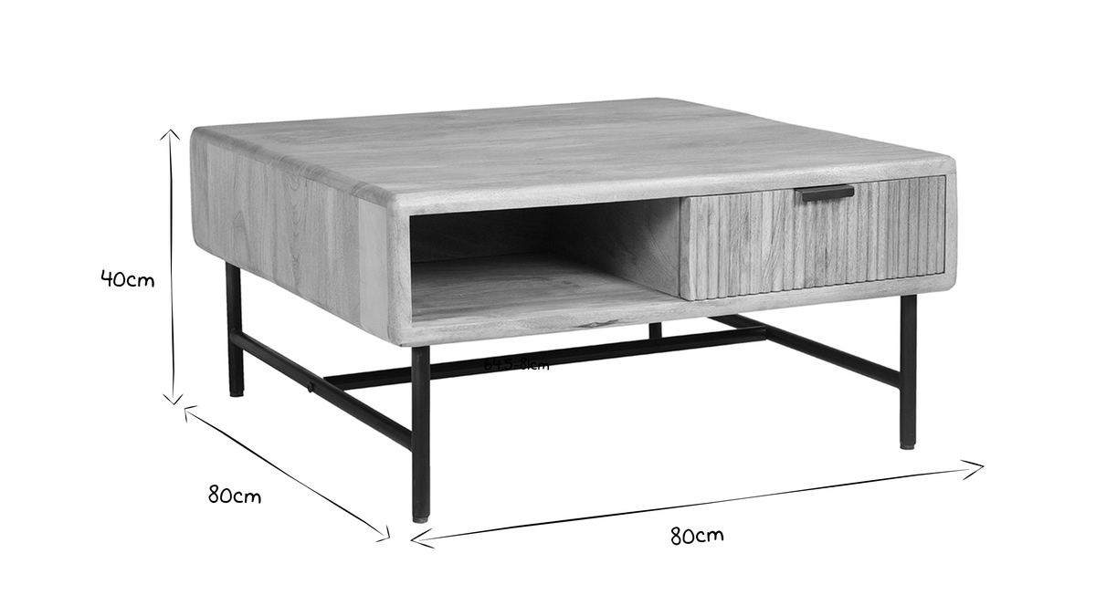 Table basse carre avec rangements 2 tiroirs bois clair manguier massif L80 cm MORISSON