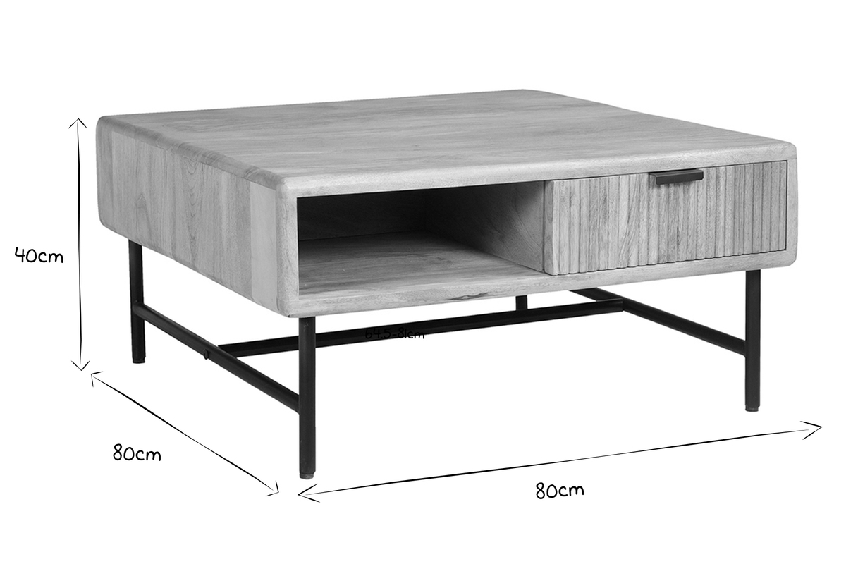 Table basse carre avec rangements 2 tiroirs bois clair manguier massif L80 cm MORISSON