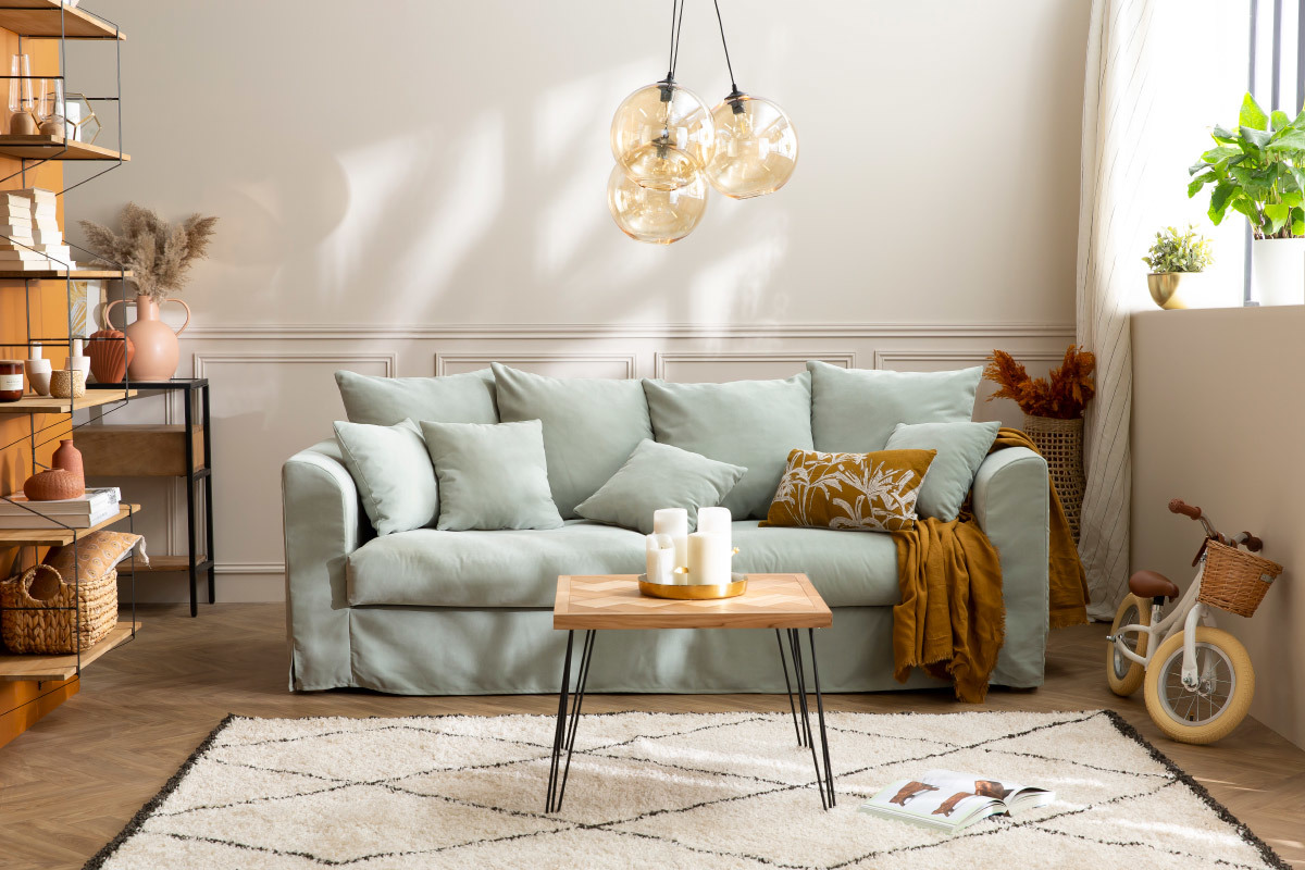 Table basse carr�e effet chevron et m�tal L60 cm MAKA