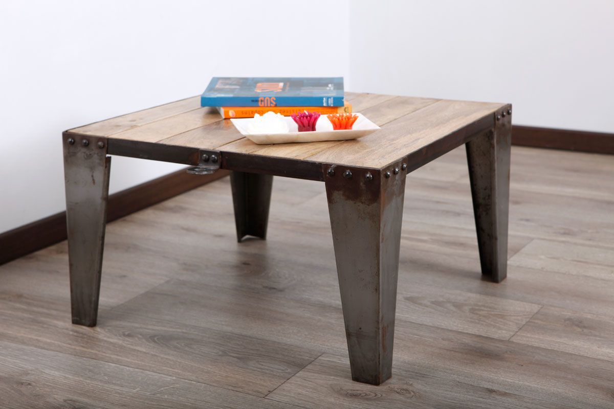 Table basse carre en manguier massif et acier INDUSTRIA