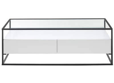 Table basse design avec plateau verre et tiroirs blancs FINN