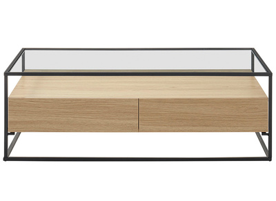 Table basse design avec plateau verre et tiroirs bois FINN
