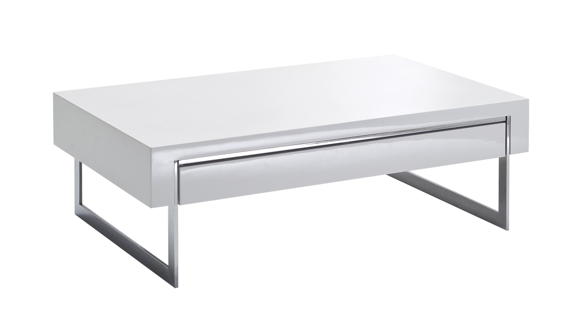 Table basse design avec tiroir blanc laqu et mtal chrom COOPER