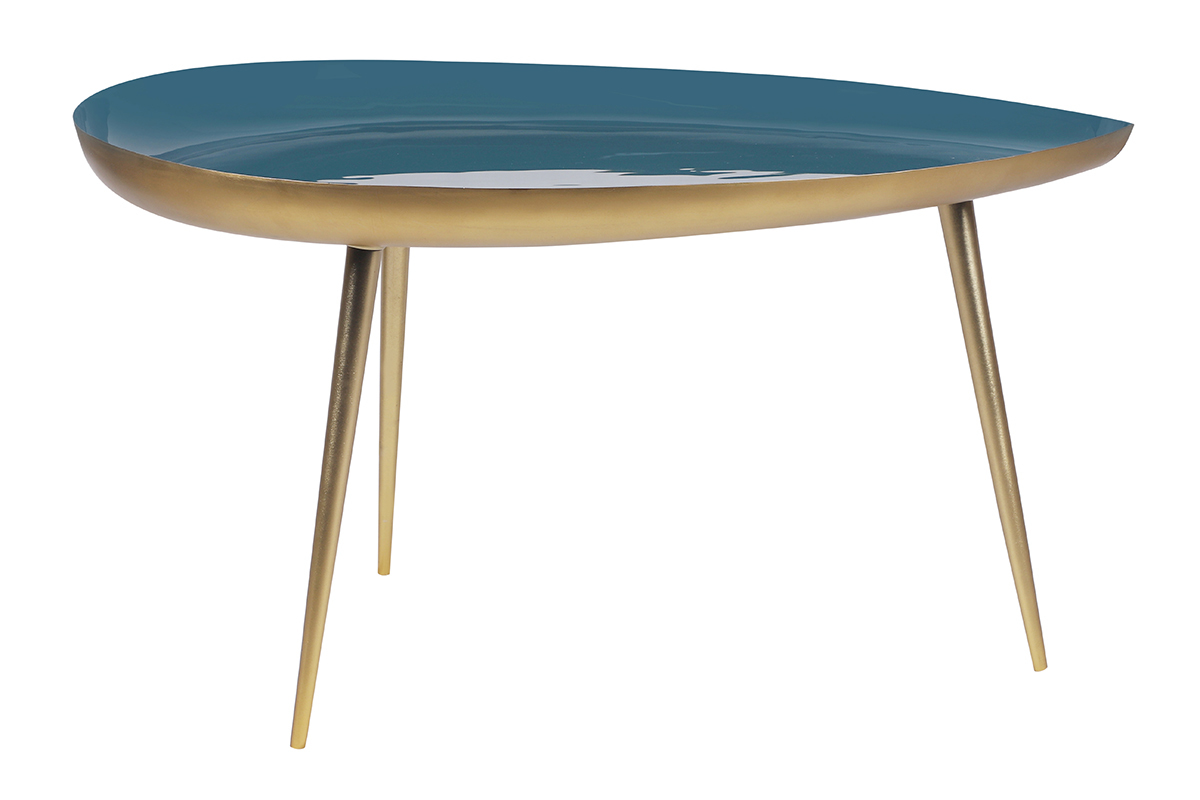 Table basse design en acier laqu bleu canard et dor L80 cm DROP