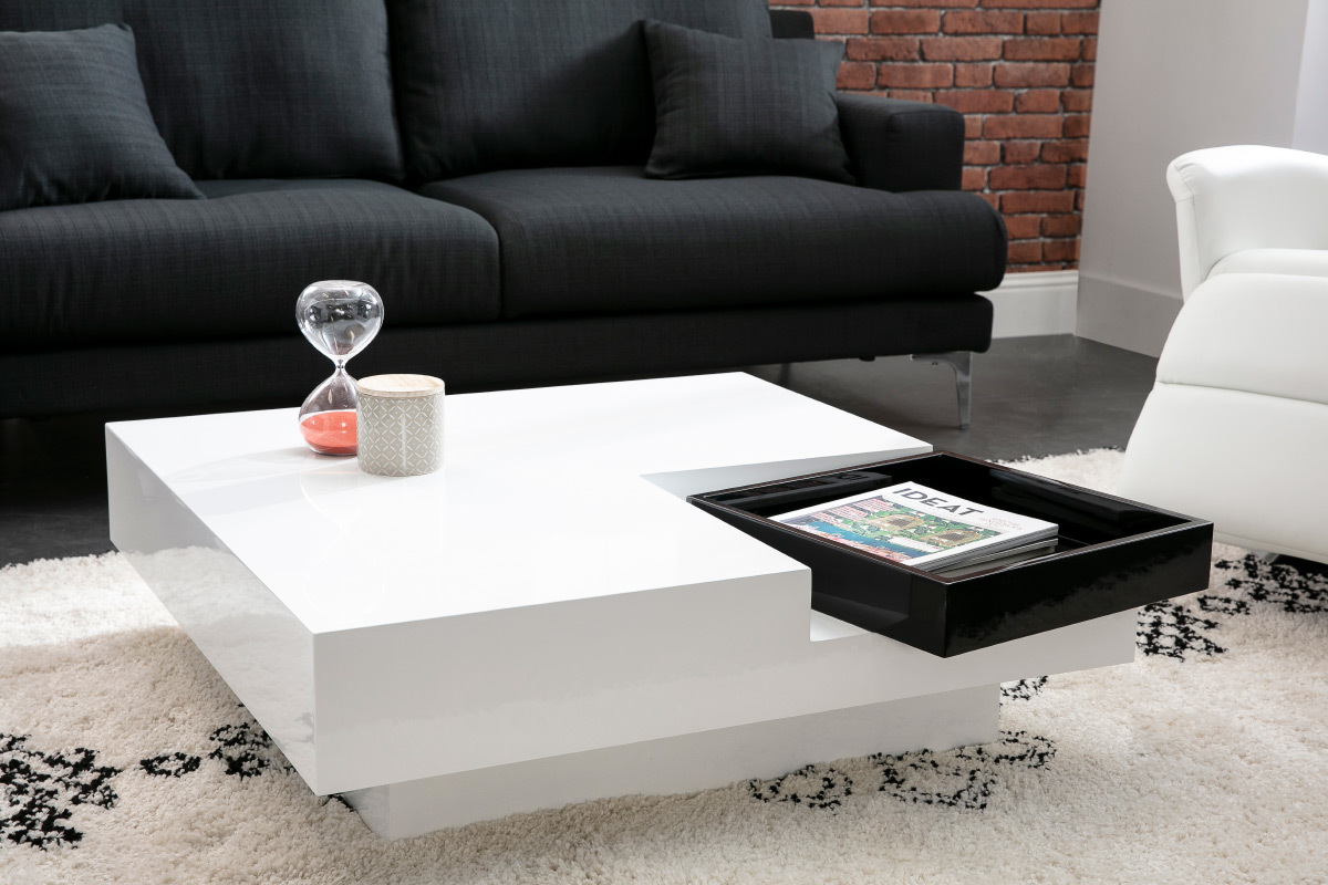 Table basse design laqu�e blanche plateau noir amovible TEENA
