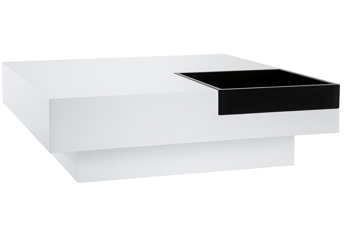 Table basse design laqu�e blanche plateau noir amovible TEENA