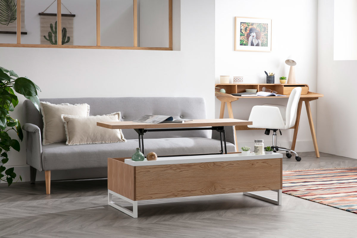 Table basse design relevable bois et blanc avec rangement URBAN