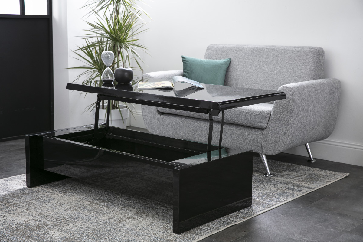 Table basse design relevable design noire avec rangement rectangulaire LOLA
