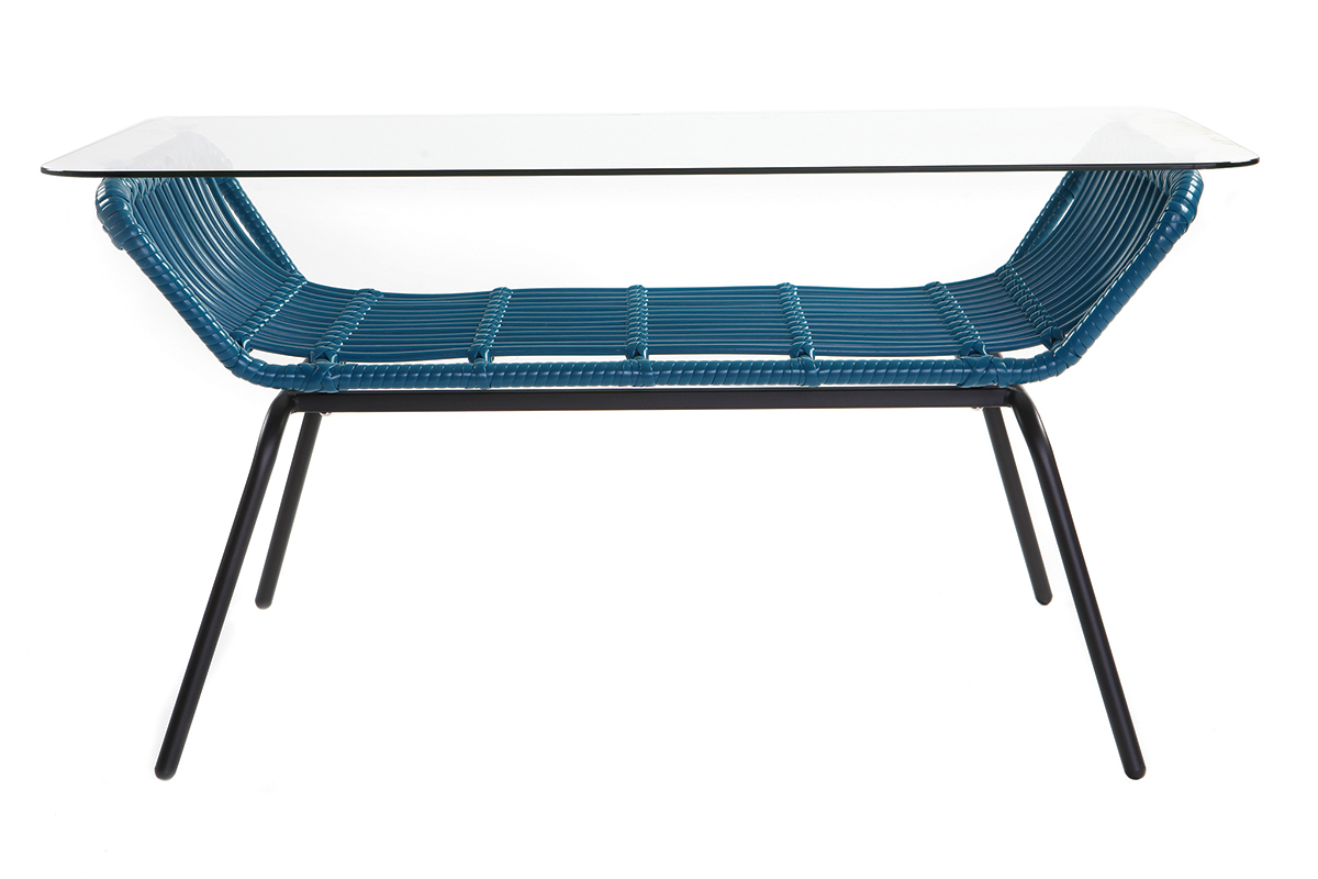 Table basse en verre et fils de r�sine bleu canard TANGO