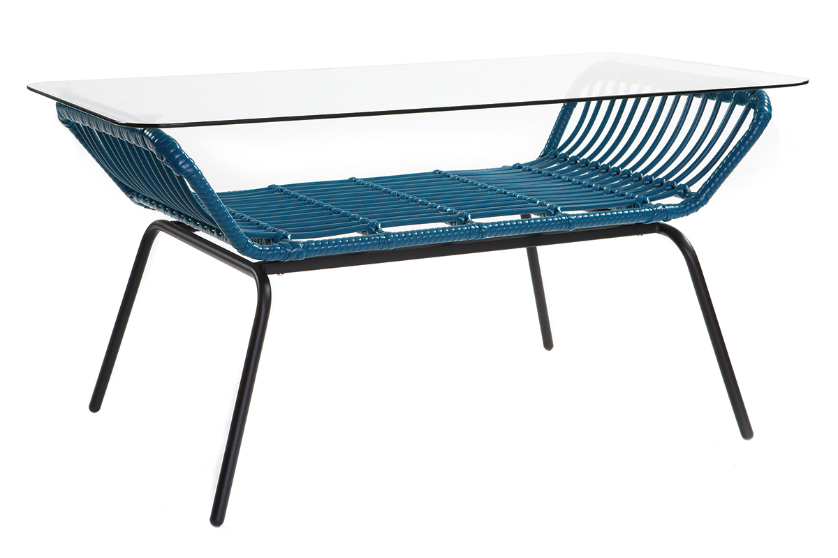 Table basse en verre et fils de r�sine bleu canard TANGO