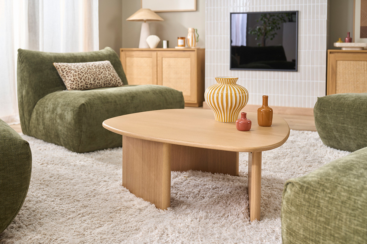 Table basse forme organique en bois clair ch�ne L85 cm ONDINE