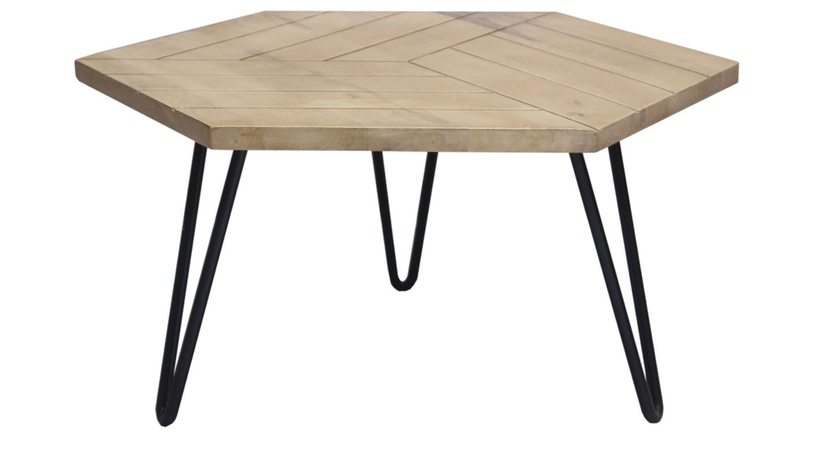 Table basse hexagonale grave bois clair manguier massif et mtal noir L80 cm VIBES