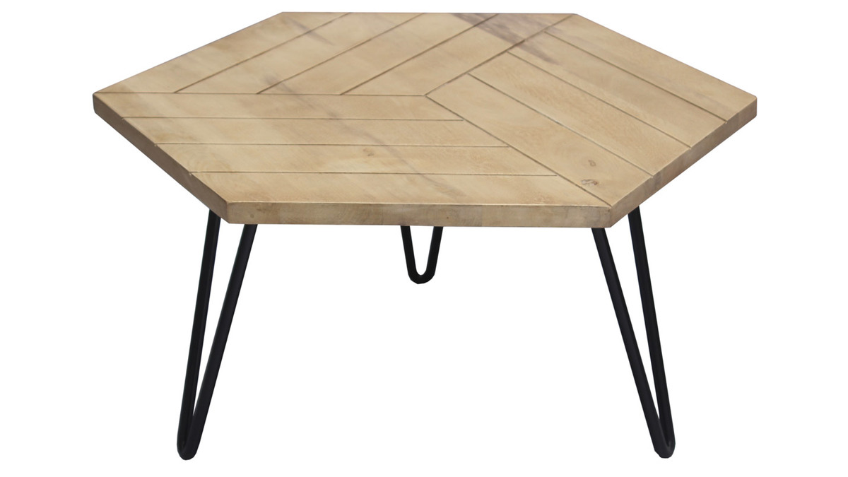 Table basse hexagonale grave bois clair manguier massif et mtal noir L80 cm VIBES