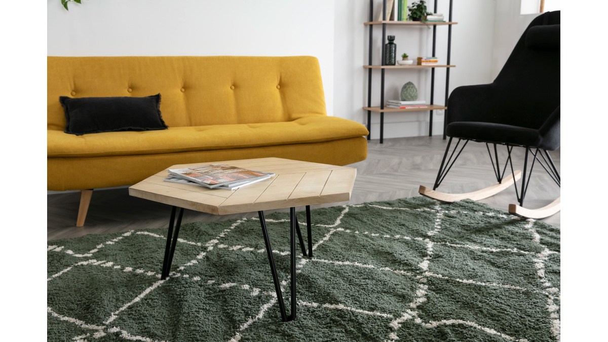 Table basse hexagonale grave bois clair manguier massif et mtal noir L80 cm VIBES