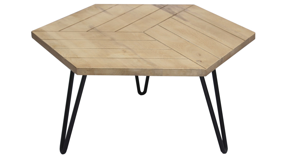 Table basse hexagonale grave bois manguier massif et mtal noir L80 cm VIBES