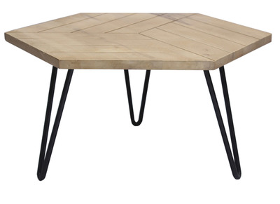 Table basse hexagonale grav&eacute;e en manguier massif et m&eacute;tal noir VIBES