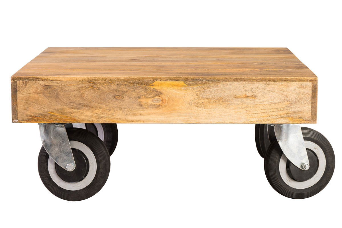 Table basse industrielle � roulettes en manguier massif L80 cm ATELIER