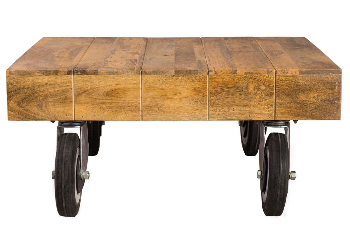 Table basse industrielle � roulettes en manguier massif L80 cm ATELIER