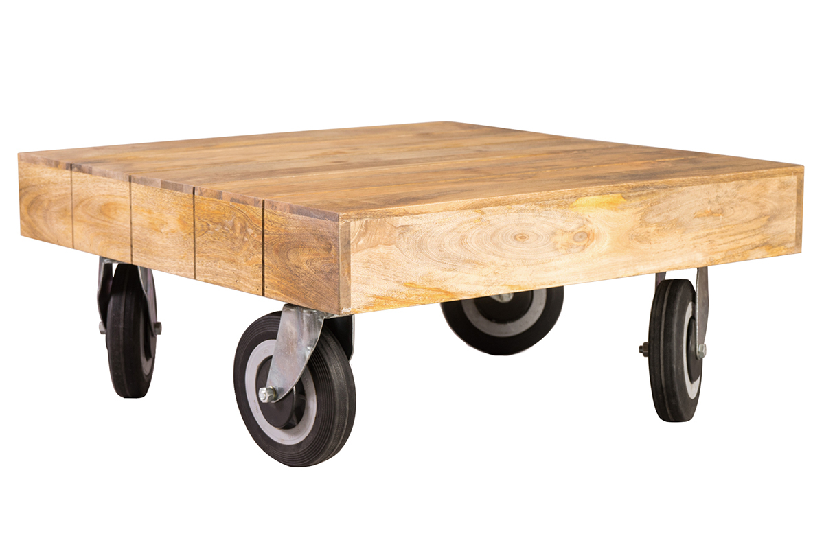 Table basse industrielle � roulettes en manguier massif L80 cm ATELIER