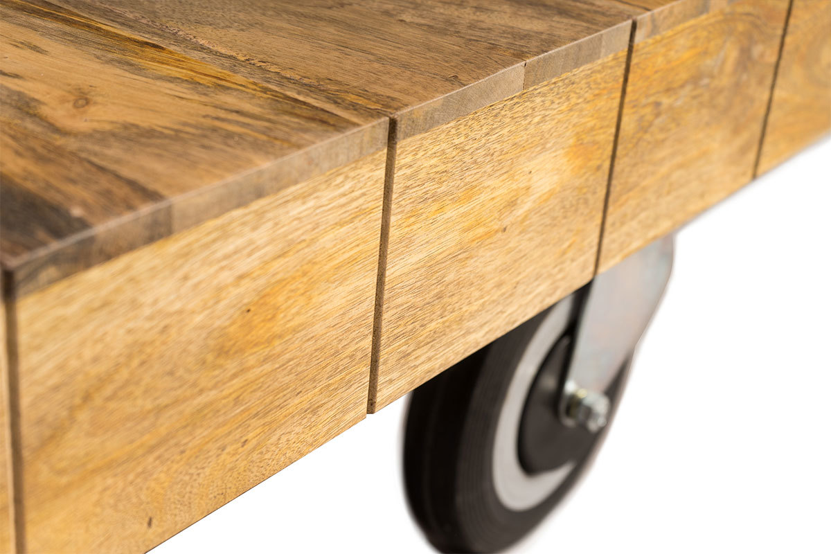 Table basse industrielle � roulettes en manguier massif L80 cm ATELIER