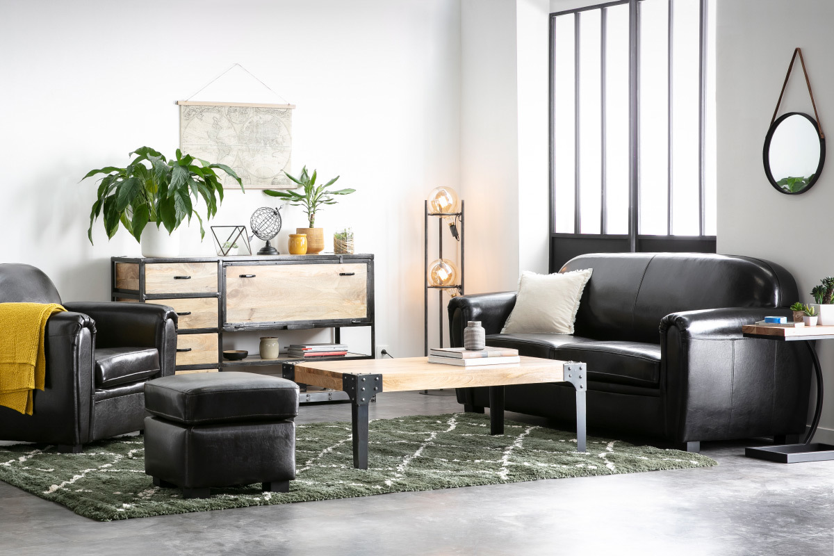 Table basse industrielle m�tal et manguier massif L120 cm MADISON