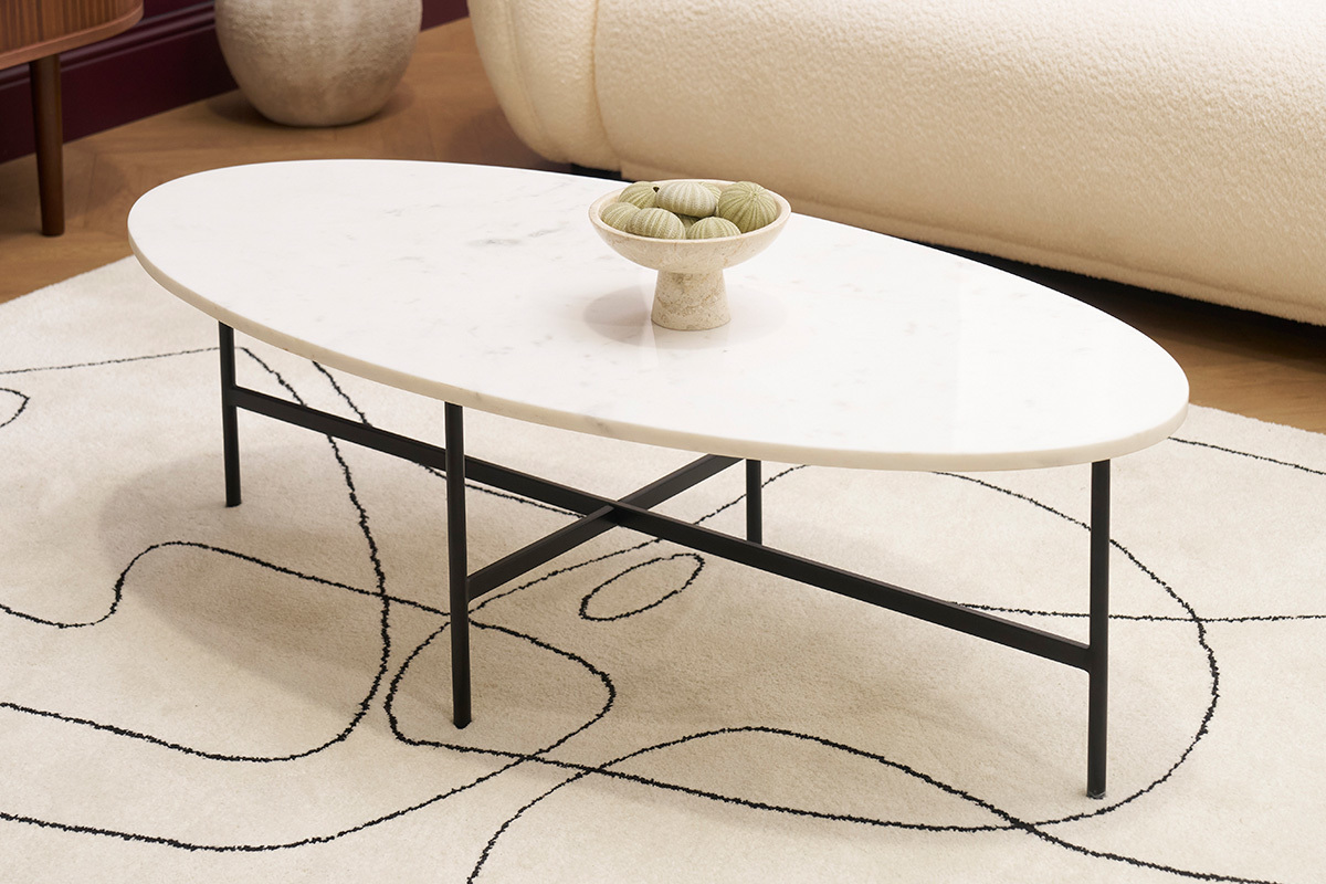 Table basse ovale en marbre blanc et mtal noir L115 cm CARRARE