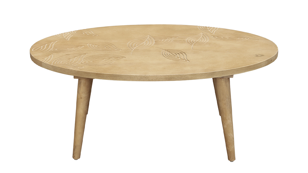 Table basse ovale ethnique bois clair manguier massif gravé L100 cm KAFFIR