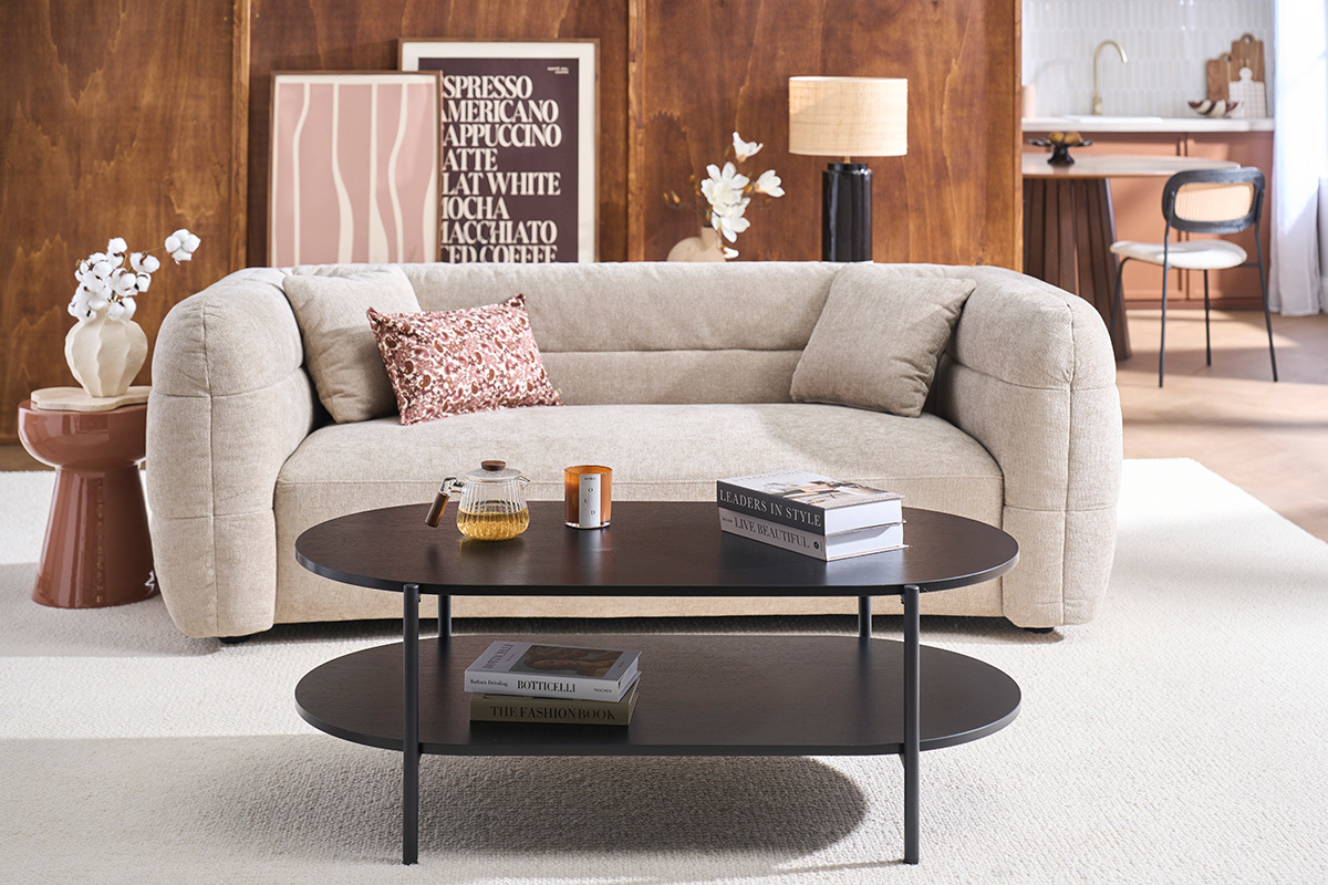 Table basse ovale finition bois clair ch�ne et m�tal L115 cm BRUNA