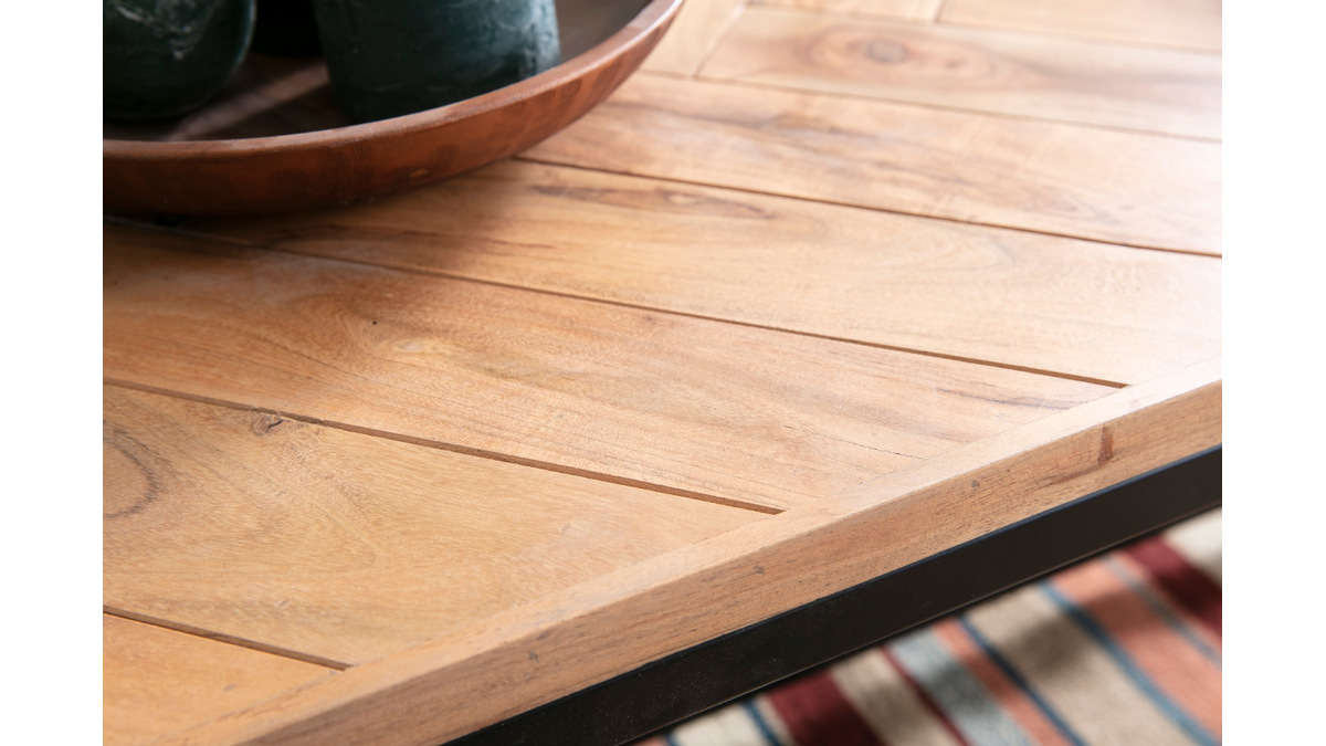 Table basse rectangulaire à motifs chevrons en bois massif et métal noir L120 cm STICK