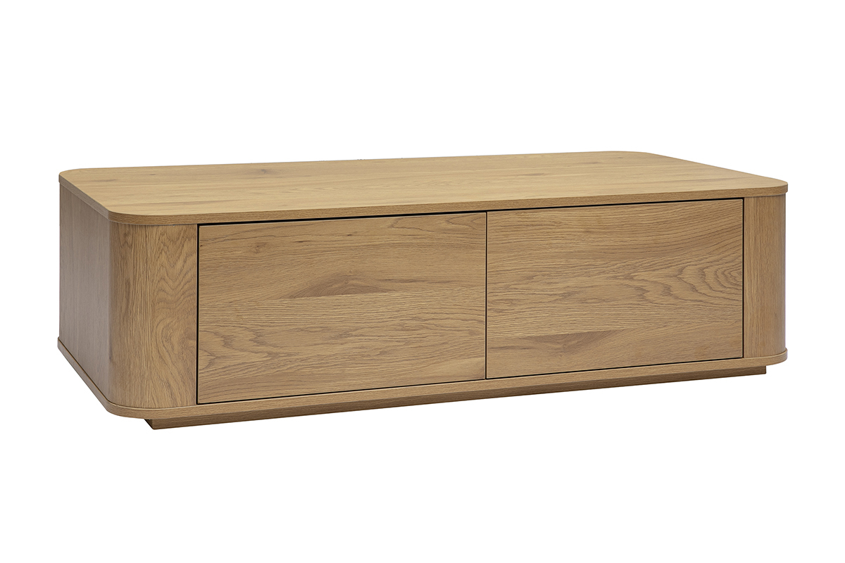Table basse rectangulaire avec rangement 2 tiroirs finition bois clair ch�ne L120 cm NEGAN