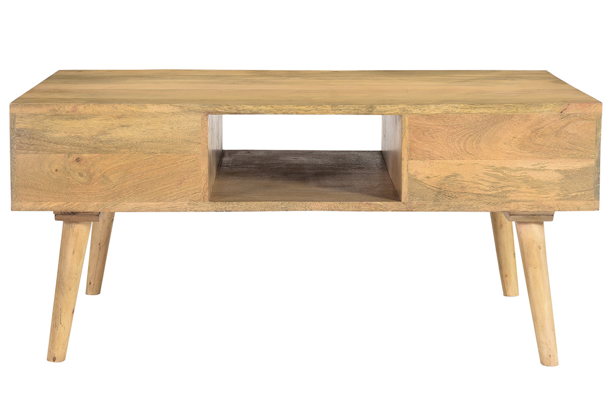 Table basse rectangulaire avec rangements 2 tiroirs bois clair manguier massif, gris fonc et mtal dor L100 cm WALTER