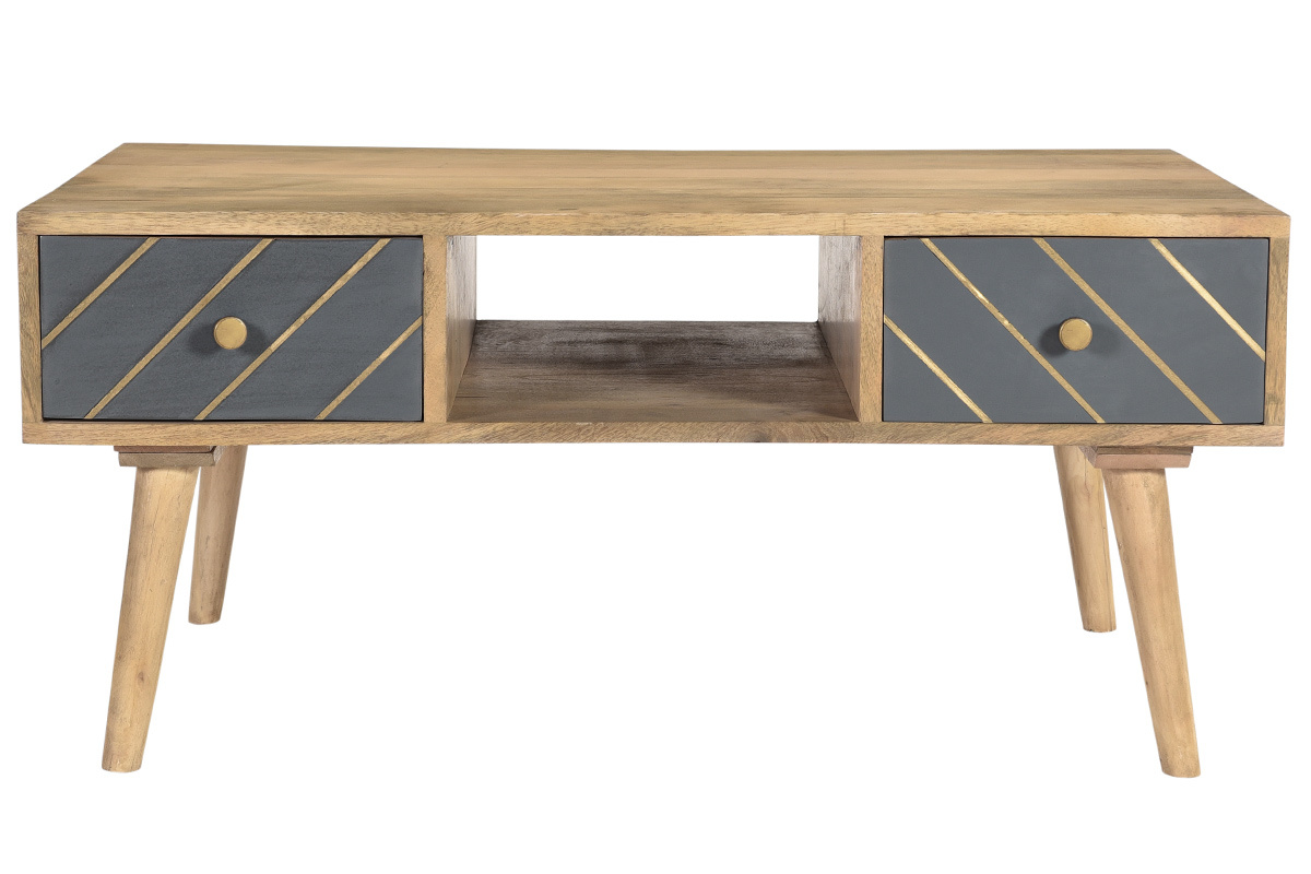 Table basse rectangulaire avec rangements 2 tiroirs bois clair manguier massif, gris fonc et mtal dor L100 cm WALTER