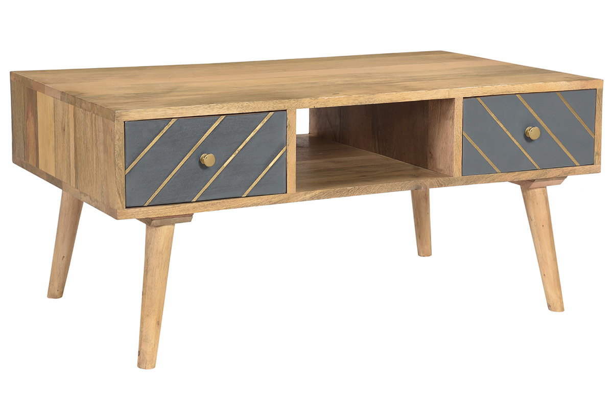 Table basse rectangulaire avec rangements 2 tiroirs bois clair manguier massif, gris fonc et mtal dor L100 cm WALTER