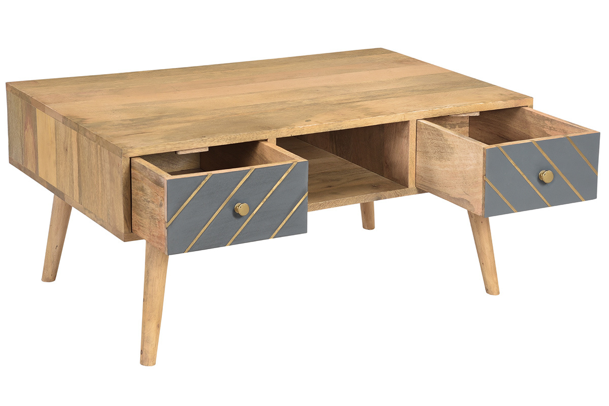 Table basse rectangulaire avec rangements 2 tiroirs bois clair manguier massif, gris fonc et mtal dor L100 cm WALTER