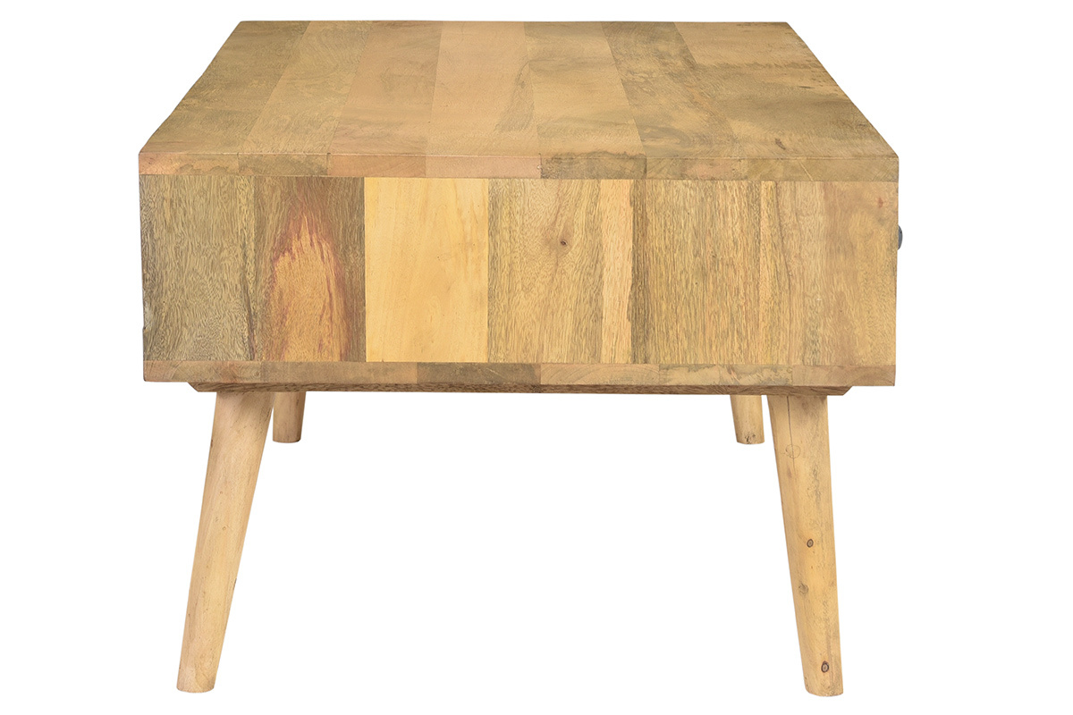 Table basse rectangulaire avec rangements 2 tiroirs bois clair manguier massif, gris fonc et mtal dor L100 cm WALTER