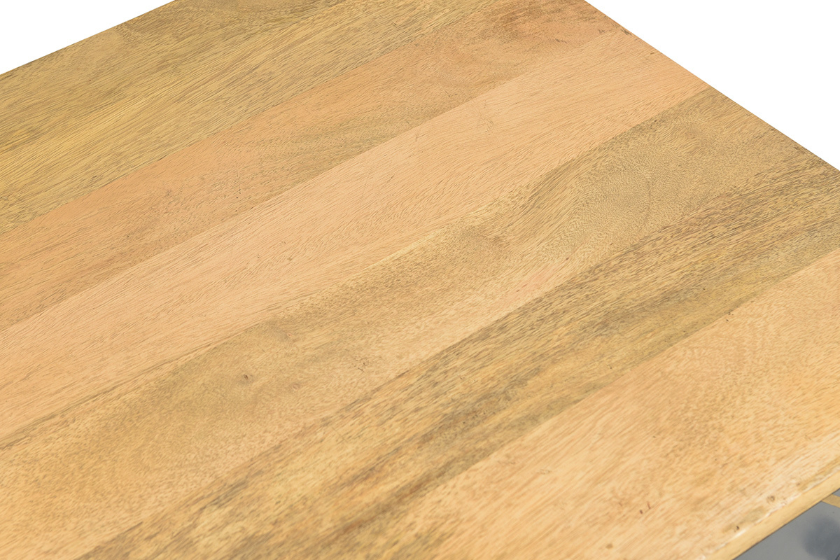 Table basse rectangulaire avec rangements 2 tiroirs bois clair manguier massif, gris fonc et mtal dor L100 cm WALTER