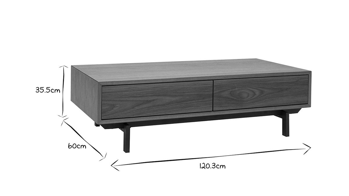 Table basse rectangulaire avec rangements 2 tiroirs bois fonc noyer et mtal noir L120 CM MANNY