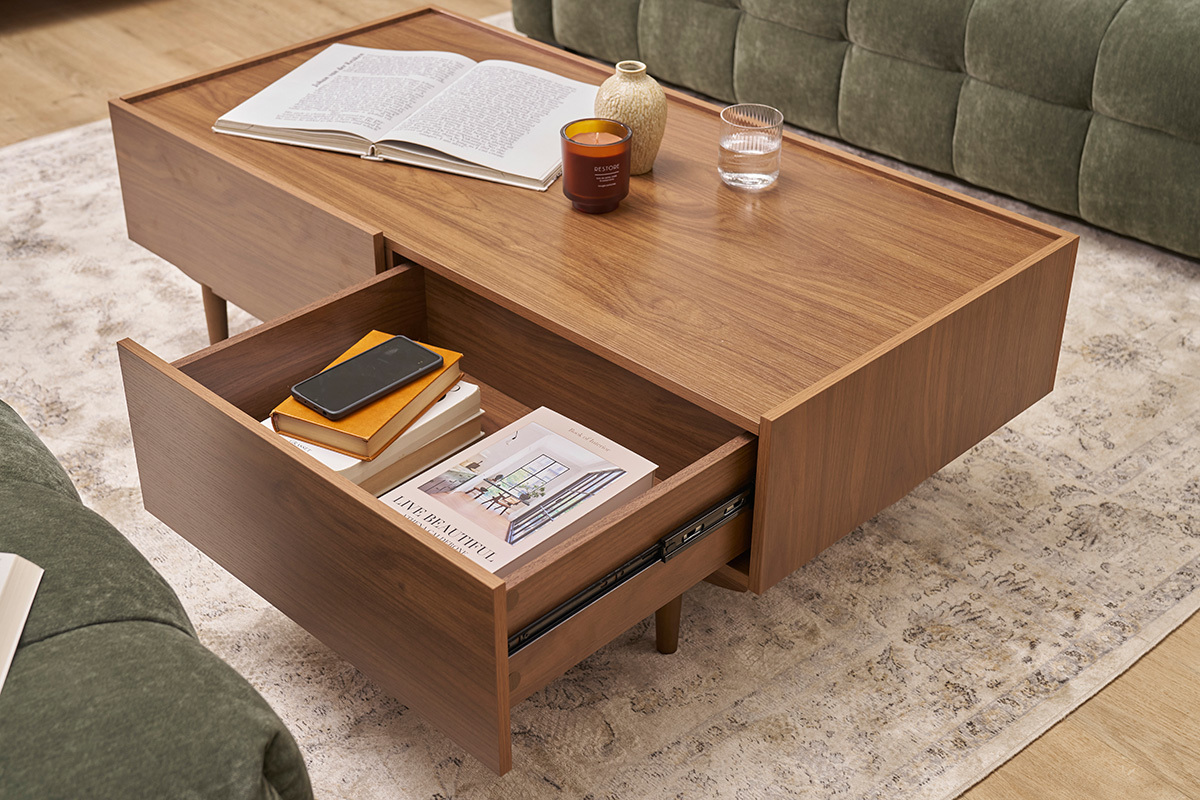 Table basse rectangulaire avec rangements 2 tiroirs finition bois fonc noyer L120 cm SANAA