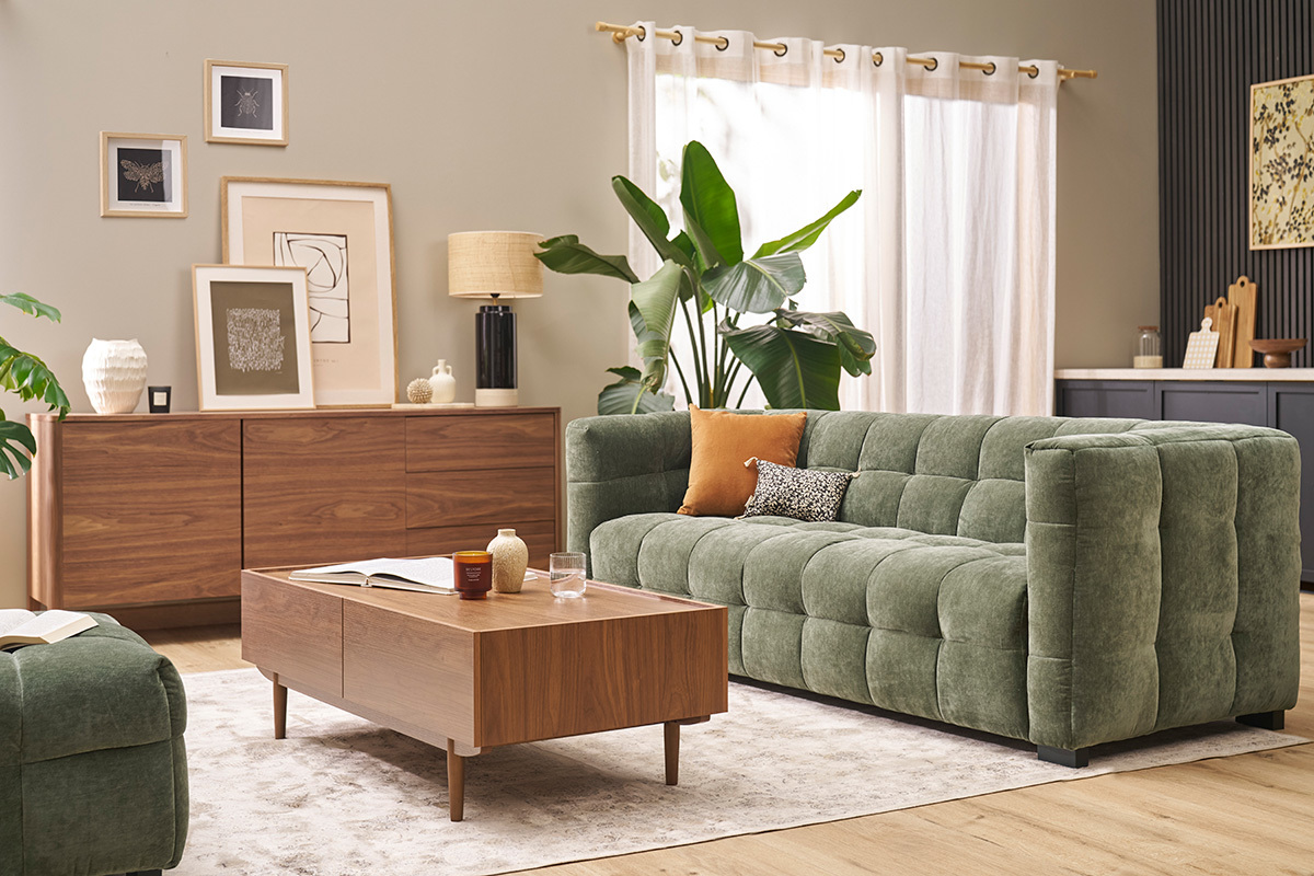 Table basse rectangulaire avec rangements 2 tiroirs finition bois fonc noyer L120 cm SANAA