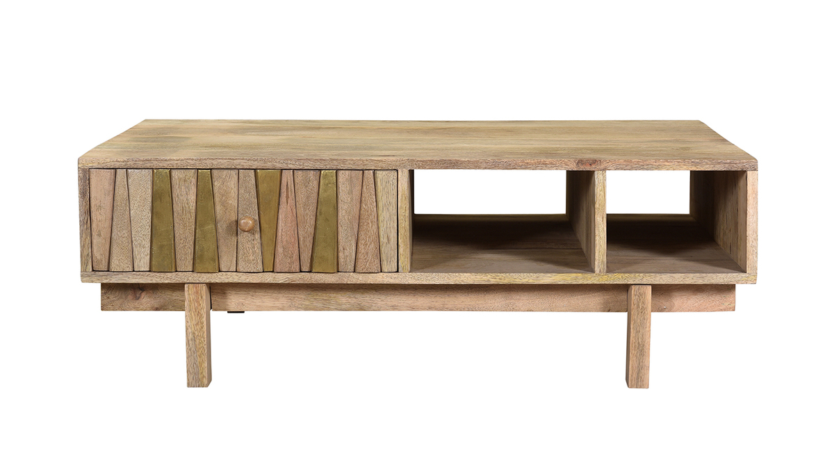 Table basse rectangulaire avec rangements bois clair manguier massif grav et laiton L100 cm ZAIKA