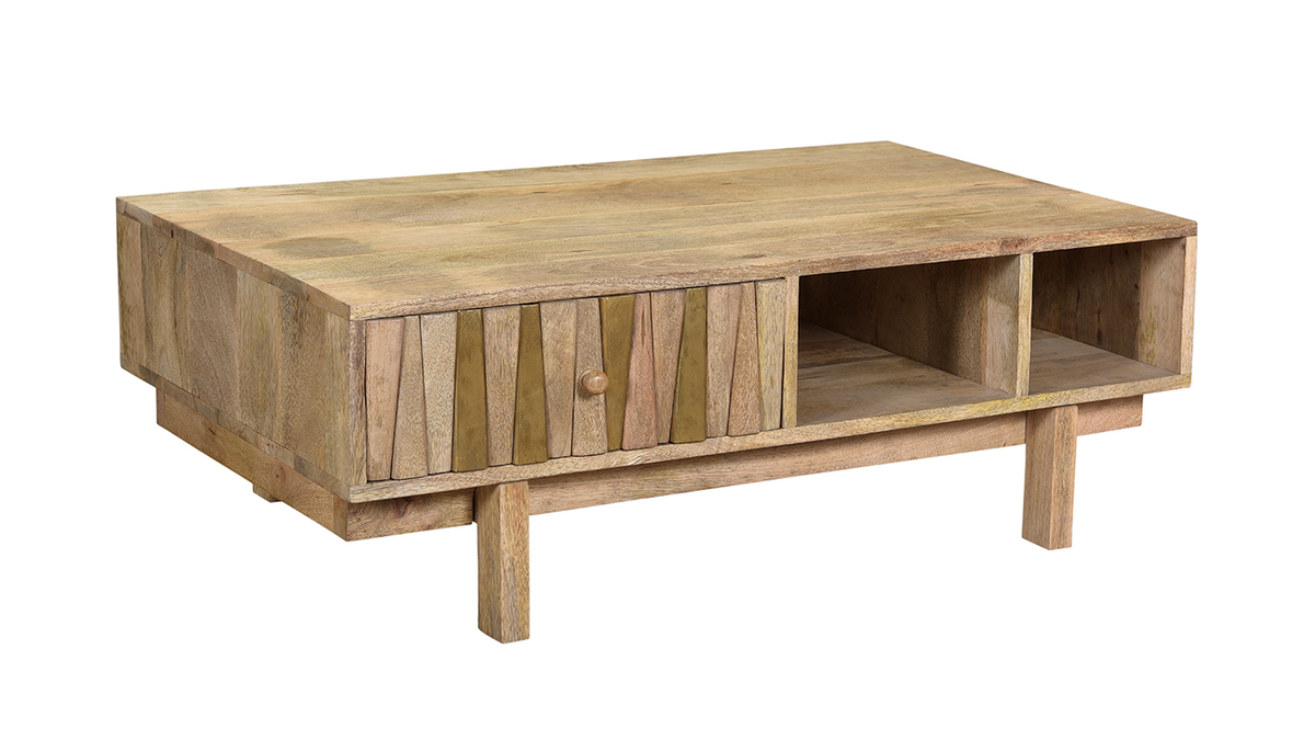 Table basse rectangulaire avec rangements bois clair manguier massif grav et laiton L100 cm ZAIKA