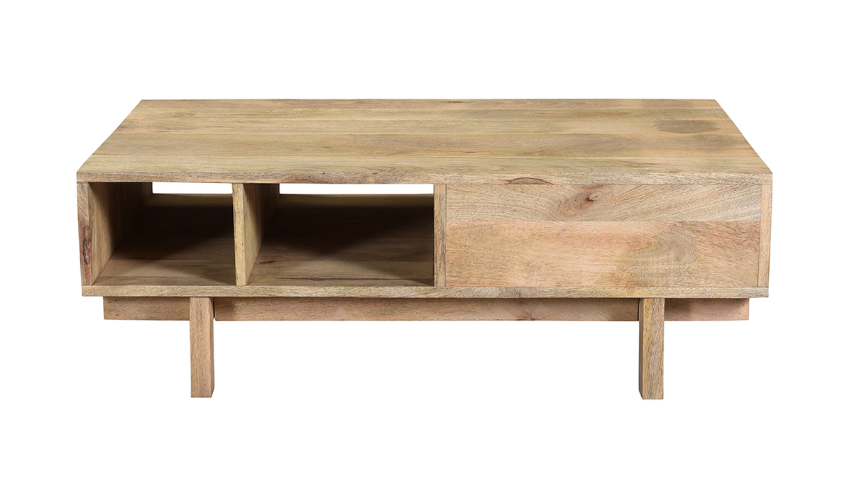 Table basse rectangulaire avec rangements bois clair manguier massif grav et laiton L100 cm ZAIKA