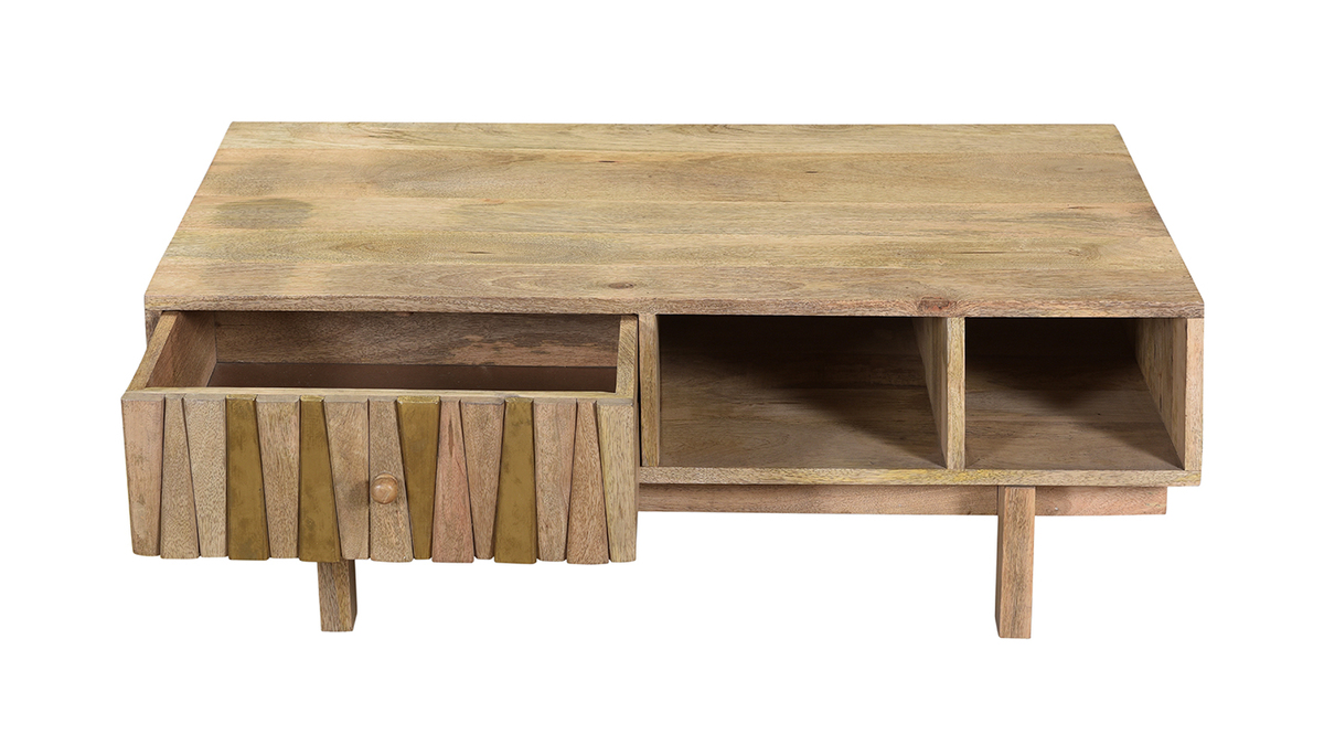 Table basse rectangulaire avec rangements bois clair manguier massif grav et laiton L100 cm ZAIKA
